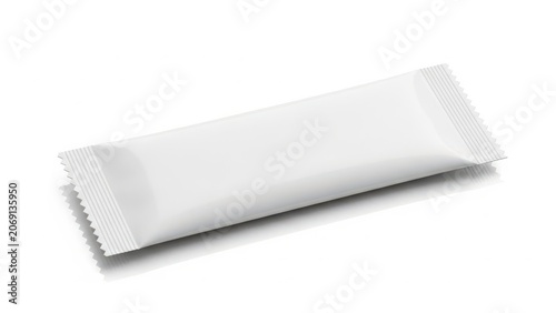 A single white sugar packet lying on a white background