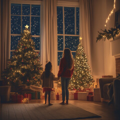 Parent and child looking at a Christmas tree in a cozy living room at night rear view