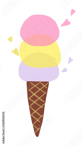 Cute pastel ice cream cone with colorful scoops and hearts, playful cartoon dessert illustration full of joy.