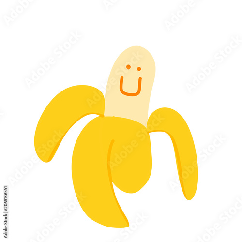 Cute peeled banana character with smiling face, playful tropical fruit cartoon illustration for kids.