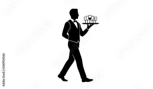 Foto Male Butler and Server Character Silhouette Vector Holding Drinks Service Salver