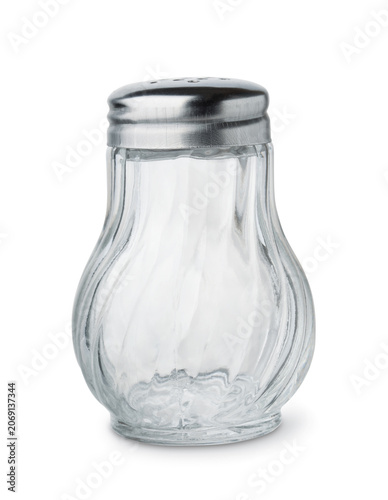 Front view of empty glass salt shaker