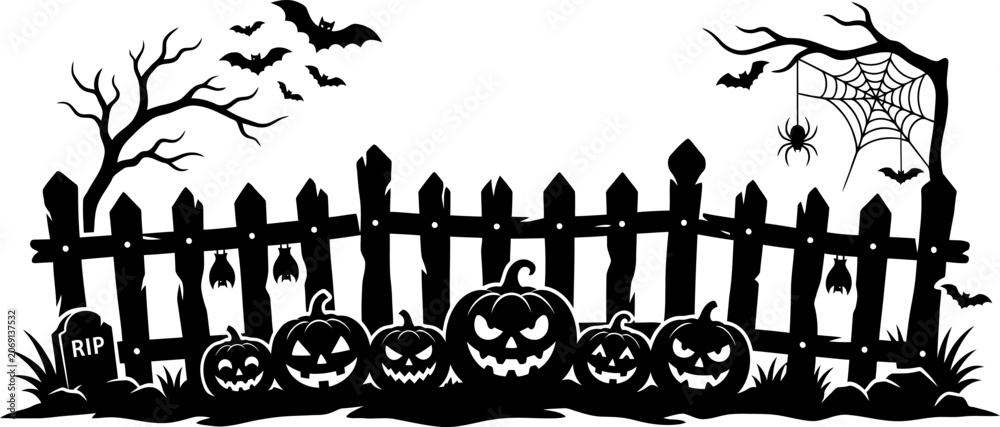 Fototapeta premium Halloween scene with jack o lanterns and spooky fence