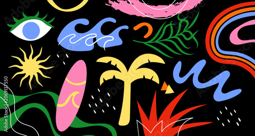 Abstract Tropical Beach Background with Surfboard Palm Tree Waves