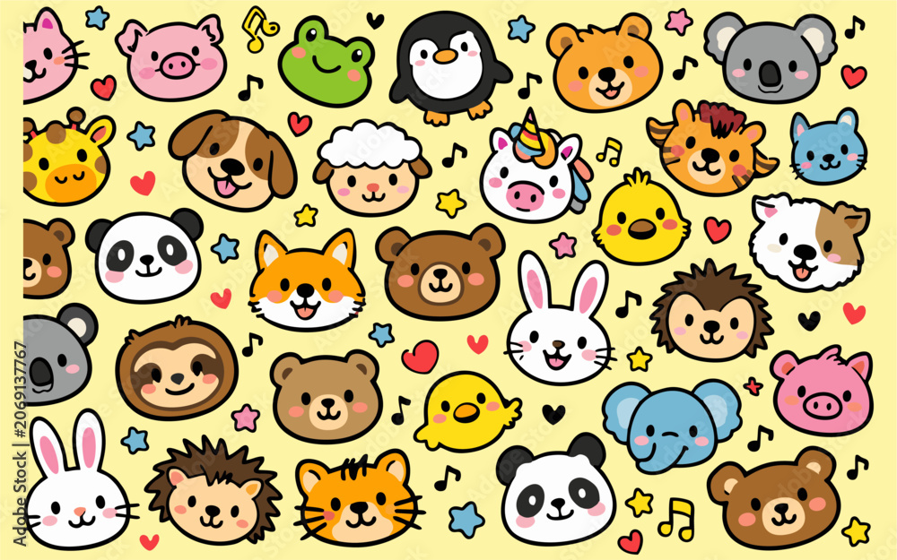 Fototapeta premium Cute kawaii style pattern illustrations featuring various colorful cartoon animal faces.