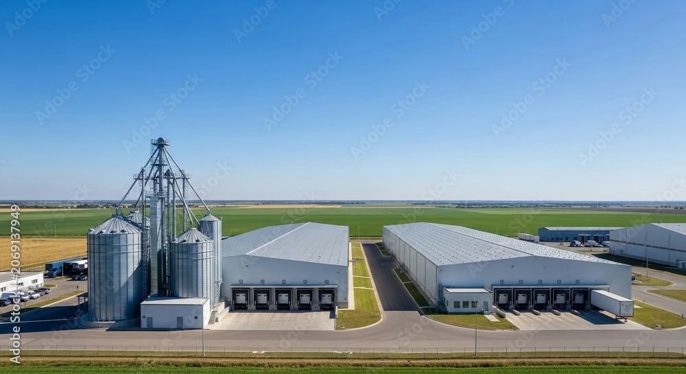 Fototapeta premium Modern agricultural storage facility and large industrial warehouses under a clear blue sky