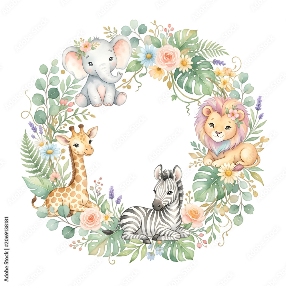 Obraz premium Cute baby zoo animals wreath with elephant giraffe lion and zebra in a floral garden frame