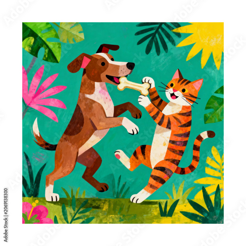 Playful Companionship: A happy dog and a playful cat share a bone in a vibrant tropical jungle, surrounded by lush foliage and exotic flowers, illustrating friendship and joy in a colorful.