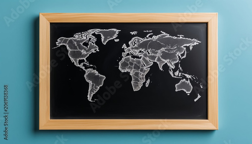 Black School Chalkboard with World Map Drawn in White Chalk, Geography Concept for Education, Travel or Back to School Theme