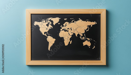 Black School Chalkboard with World Map Drawn in White Chalk, Geography Concept for Education, Travel or Back to School Theme