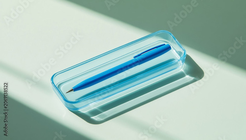 Pen in Blue Transparent Plastic Case on Pastel Mint Background, Stationery Mockup Top View