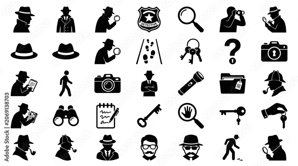 Obraz premium Detective icons and investigation symbols.