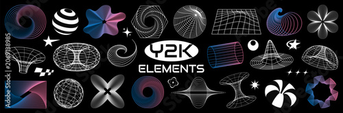 Retro Y2k abstract wireframe shapes set with futuristic geometric forms and neon gradient. Vector design clipart of various geometric shapes. Design element vintage 2000s.