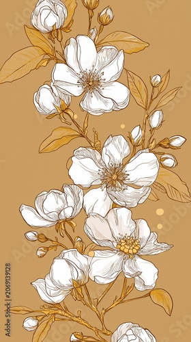 White floral branch drawing with blooming flowers and buds, botanical design on solid brown background