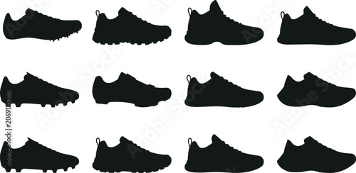 Collection of athletic shoe silhouettes including sneakers, running shoes, cleats, trail shoes, and casual footwear designs for sportswear