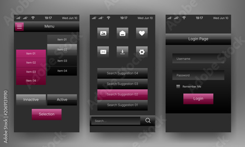 Mobile application user interface kit with login page and navigation menu