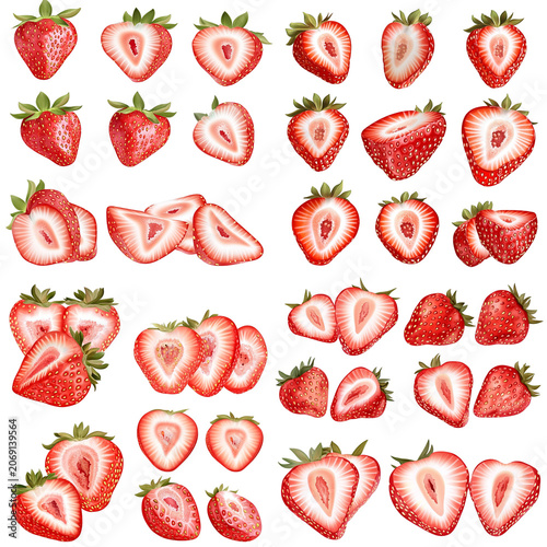 Assorted Fresh Strawberries: Whole, Halved, and Sliced, Displaying Vibrant Red Hues and Green Stems
