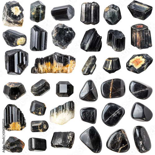 Diverse Collection of Black Tourmaline Crystals and Tumbled Stones
