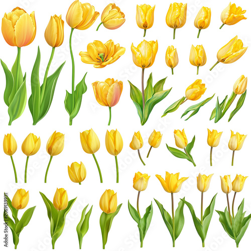 Collection of Watercolor Yellow Tulips with Green Leaves and Various Stages of Bloom