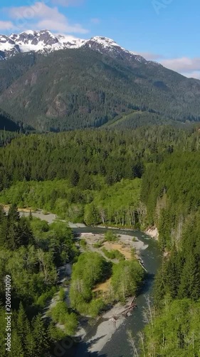 Aerial view over a mountain forest, Canada