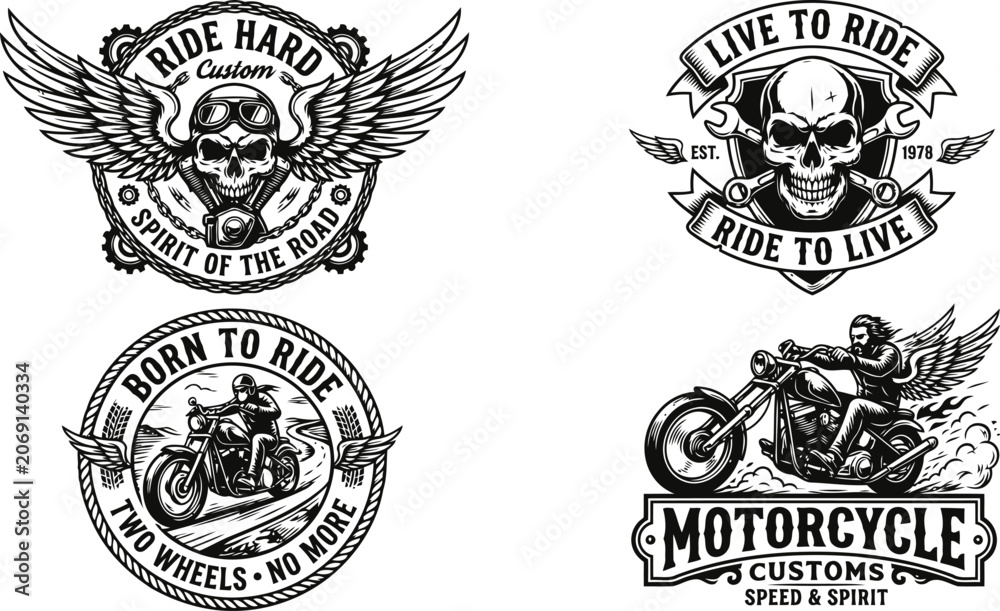 Fototapeta premium Set of motorcycle emblems, badges, labels and logos with skull, biker, motorcycle and wings
