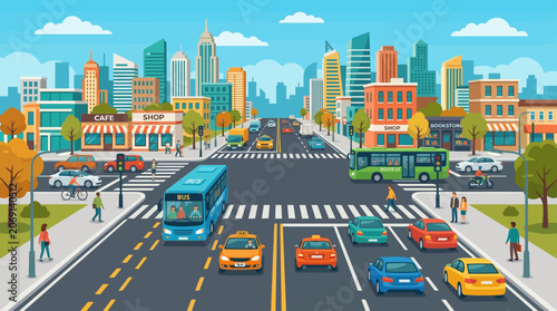 Vibrant cartoon cityscape with busy street, diverse vehicles, and pedestrians during daytime.