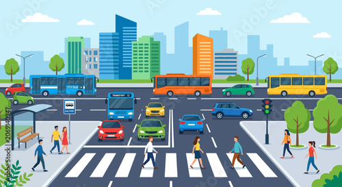 Urban Traffic Scene with Pedestrians Crossing Street and City Skyline