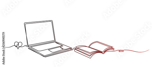 Black and red line art drawing of a laptop computer and an open book. Vector illustration of a laptop and book art design