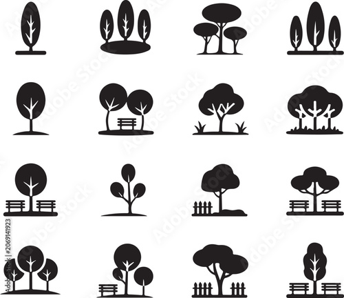 set of trees silhouettes