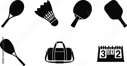 Fotografie Black racket sports silhouette collection, badminton and table tennis equipment