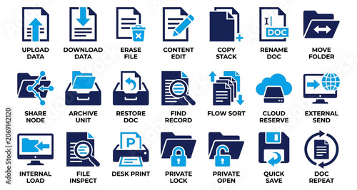 Collection of blue and dark blue document management vector icons during digital workflow isolated on white background