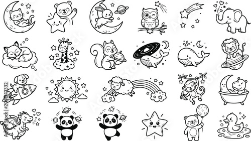 Photography Set of cute animals in space, cartoon doodle collection