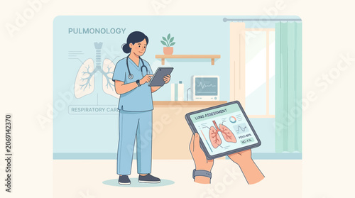 Pulmonologist using tablet with lung anatomy in doctor's office, medical illustration