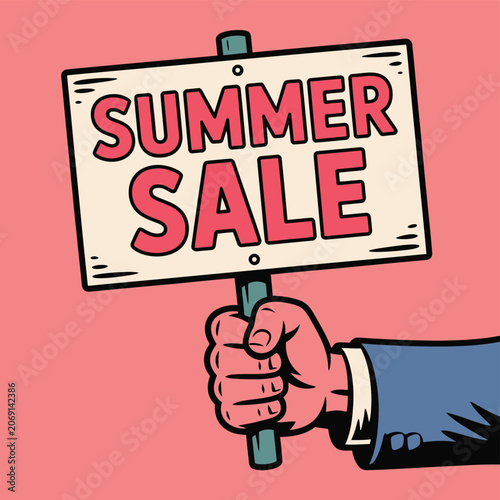 Hand holding summer sale promotional sign board illustration
