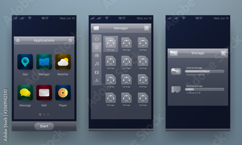 Mobile operating system user interface kit with application menu and file manager