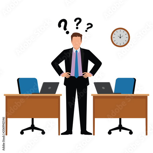 Confused businessman standing in office with laptops and wall clock