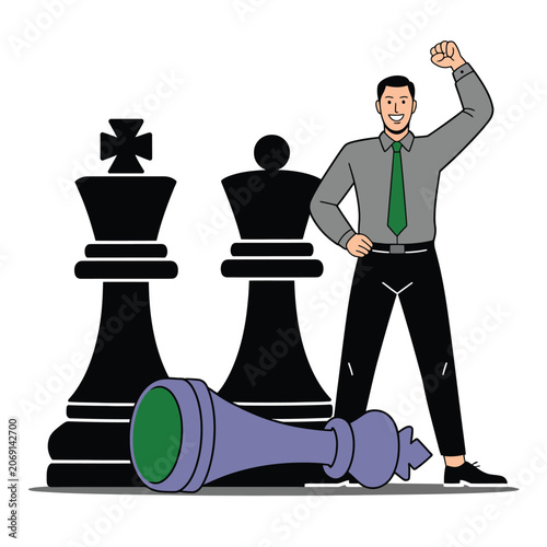 Businessman celebrating strategic victory over chess pieces