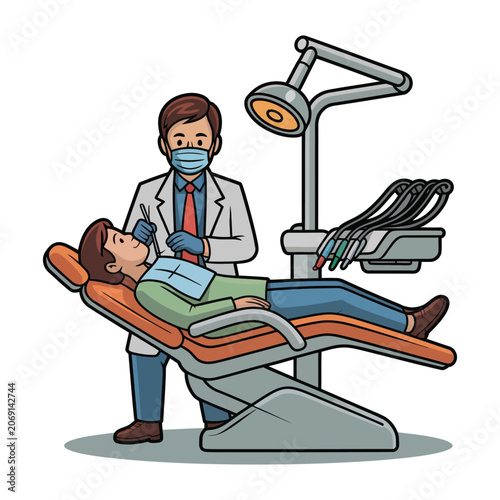 Dentist performing routine examination on patient in clinic