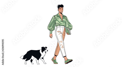 Woman in green jacket walking black and white dog.