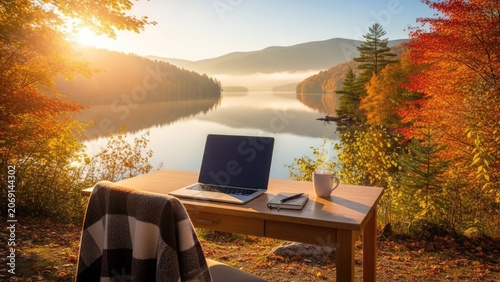 Laptop on a table outdoors with scenic lake and autumnal foliage