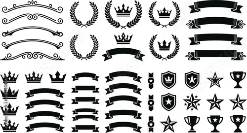 Set of vintage ribbons, crowns, laurels, shields, stars and trophies