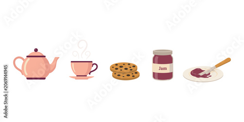 Pink teapot cup cookies jar of jam and plate with butter knife on white background