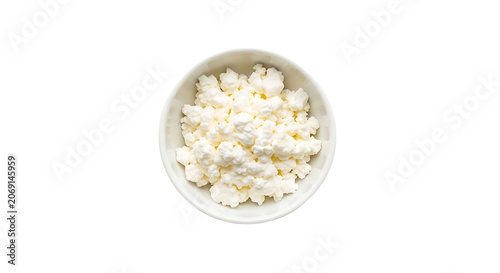 A bowl of cottage cheese on a black background, white bowl dairy
