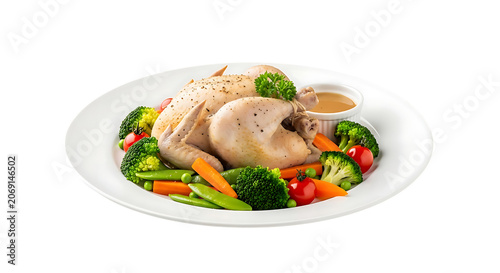 A plate of roasted chicken with vegetables and sauce on a black background, broccoli carrots