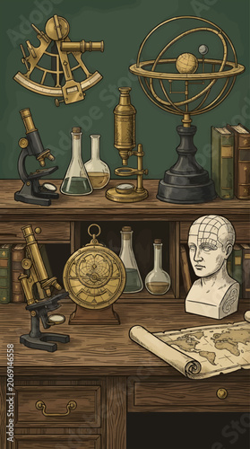 Принти на полотні Antique Scientific Instruments Collection on Wooden Desk, Vector Illustration of