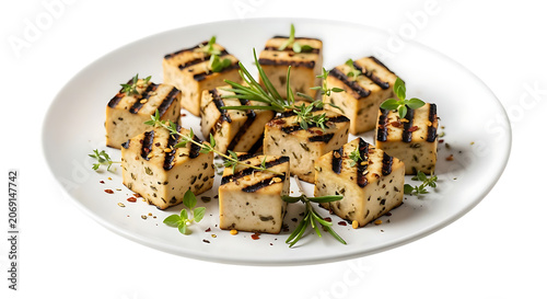Grilled tofu cubes on a white plate with herbs and spices