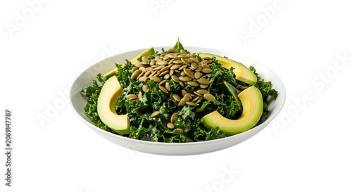 Healthy kale salad with avocado and seeds on a white plate food