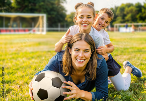 Soccer mom with children and soccer ball on field, ai generated