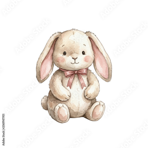 Cute watercolor baby bunny rabbit with pink bow isolated on black