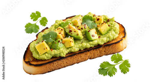 Toast with avocado spread, mango, and cilantro on a black background, healthy snack